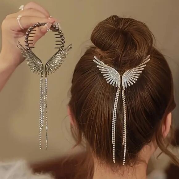 Silver Pearl Rhinestone Angel Wing Hair Clip Claw Hair Accessory - Picture 3 of 7